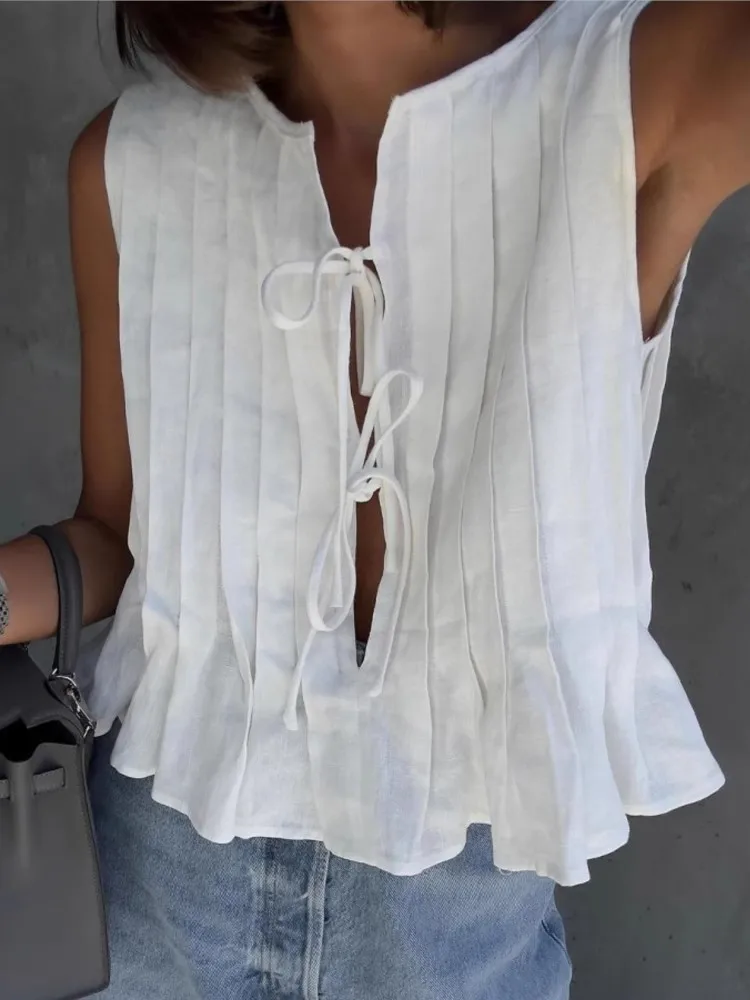 Women's Cotton Linen Sleeveless Tops Summer Solid Color Lace Up Short Top Hollow Out Tank Top O Neck Pleated Ruffled Hem Shirts
Women's Cotton Linen Sleeveless Tops Summer Solid Color Lace Up Short Top Hollow Out Tank Top O Neck Pleated Ruffled Hem Shirts
