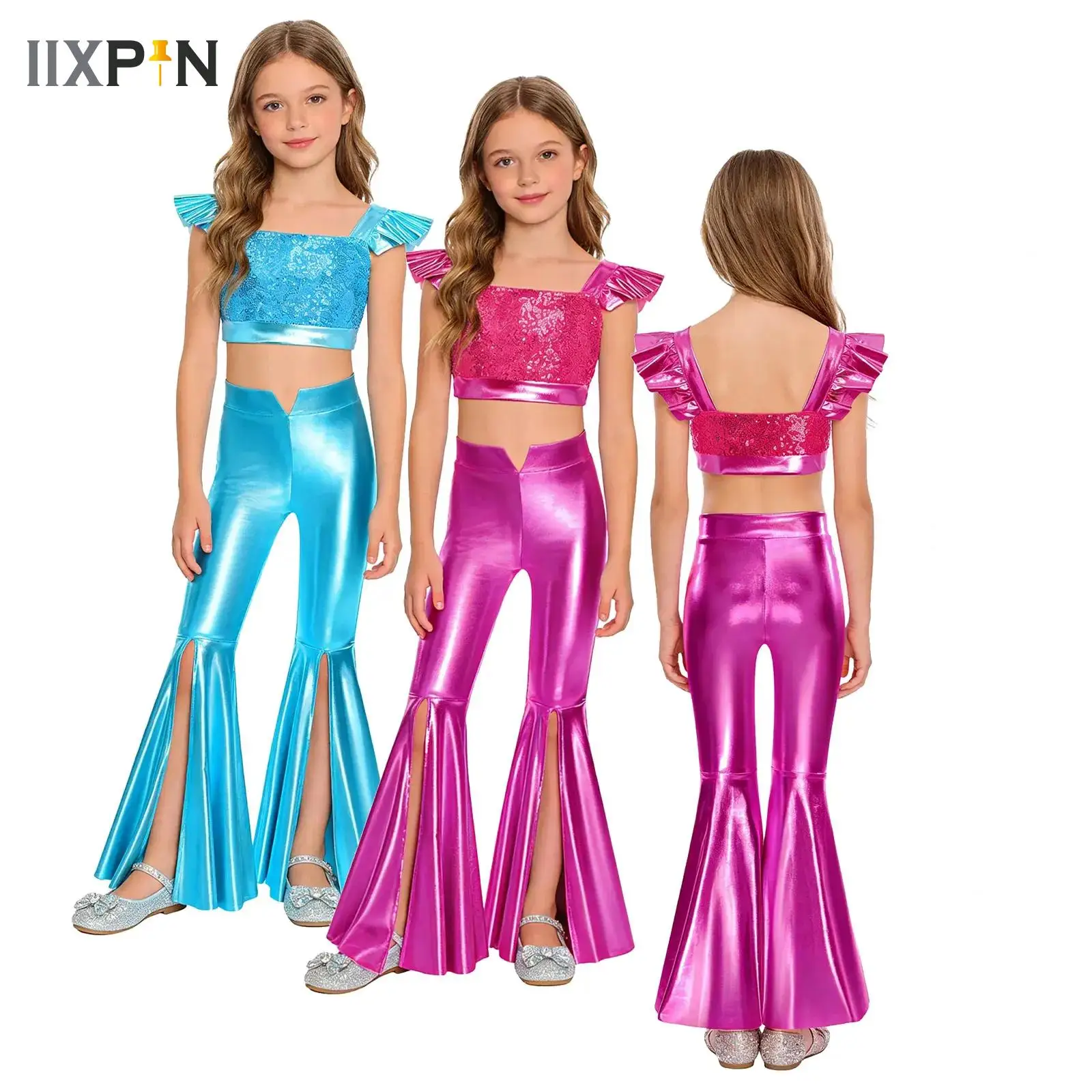 Kids Girls 70s Disco Dance Outfits Jazz Dance Performance Costume Sequined Sleeveless Crop Top with Split Flared Pants Dance Set
Kids Girls 70s Disco Dance Outfits Jazz Dance Performance Costume Sequined Sleeveless Crop Top with Split Flared Pants Dance Set