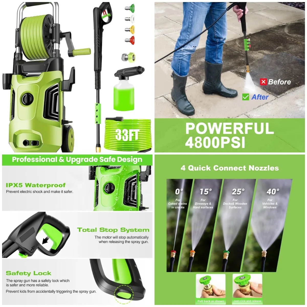 Electric Pressure Cleaner 4800 PSI with 33ft Hose, 4 Nozzles, Foam Cannon - Light Green
Electric Pressure Cleaner 4800 PSI with 33ft Hose, 4 Nozzles, Foam Cannon - Light Green