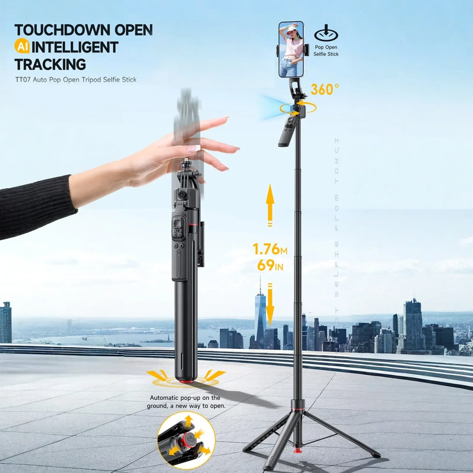 69" Auto Pop-Up Face Tracking Selfie Stick Tripod 360 Rotation w/ Remote and Gesture Control Balance Handle for Vlog Recording
69" Auto Pop-Up Face Tracking Selfie Stick Tripod 360 Rotation w/ Remote and Gesture Control Balance Handle for Vlog Recording