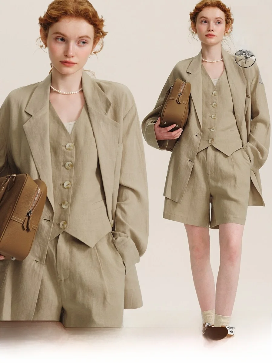 Льняной костюм-тройка: легкий жакет с V-образным вырезом и шорты, элегантный и стильный, для мужчин и женщин
Льняной костюм-тройка: легкий жакет с V-образным вырезом и шорты, элегантный и стильный, для мужчин и женщин