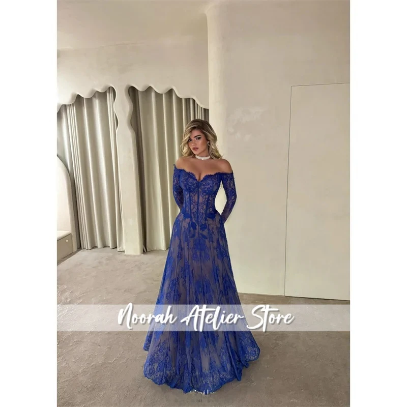 Customized Royal Blue Lace A-line Prom Dress Off The Shoulder Long Sleeves vestidos de noiva Floor-length Evening Dresses
Customized Royal Blue Lace A-line Prom Dress Off The Shoulder Long Sleeves vestidos de noiva Floor-length Evening Dresses