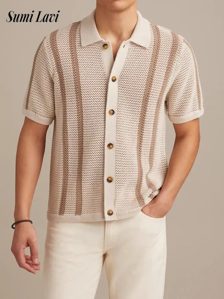 Stylish Mens Striped Knitted Shirt Spring Summer Casual Buttoned Turn-down Collar Short Sleeve Shirts Men Daily Leisure Cardigan
Stylish Mens Striped Knitted Shirt Spring Summer Casual Buttoned Turn-down Collar Short Sleeve Shirts Men Daily Leisure Cardigan
