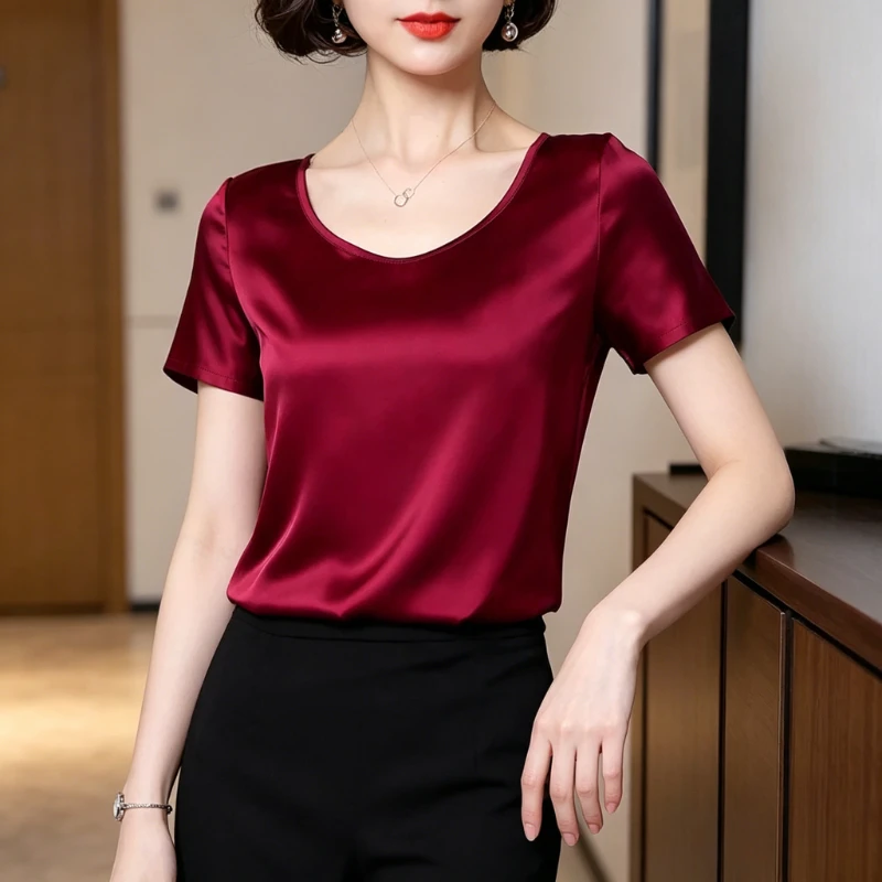 2026 Simple O Neck Short Sleeve Tops Vintage Office Lady Blouses Elegant Satin Blouses Summer Solid Color Lightweight Shirt
2026 Simple O Neck Short Sleeve Tops Vintage Office Lady Blouses Elegant Satin Blouses Summer Solid Color Lightweight Shirt