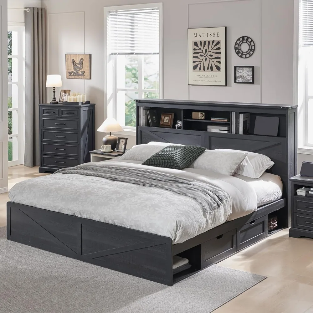 Farmhouse King Size Wood Bed Frame with 52" Tall Storage Headboard and 4 Drawers,LED Light,Charging Station,Solid Wood Slats Sup
Farmhouse King Size Wood Bed Frame with 52" Tall Storage Headboard and 4 Drawers,LED Light,Charging Station,Solid Wood Slats Sup