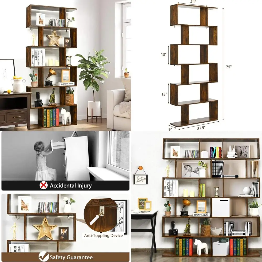 6-Tier S-Shaped Wooden Bookcase, 31.5L x 9W x 75H, Anti-Toppling, Room Divider & Living Room Display Shelves
6-Tier S-Shaped Wooden Bookcase, 31.5L x 9W x 75H, Anti-Toppling, Room Divider & Living Room Display Shelves