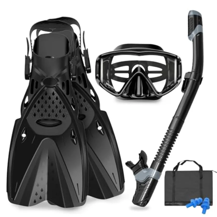 Snorkeling gear for adults: panoramic view diving mask with anti-fog dry top snorkel, adjustable freediving fins, travel bag si
Snorkeling gear for adults: panoramic view diving mask with anti-fog dry top snorkel, adjustable freediving fins, travel bag si