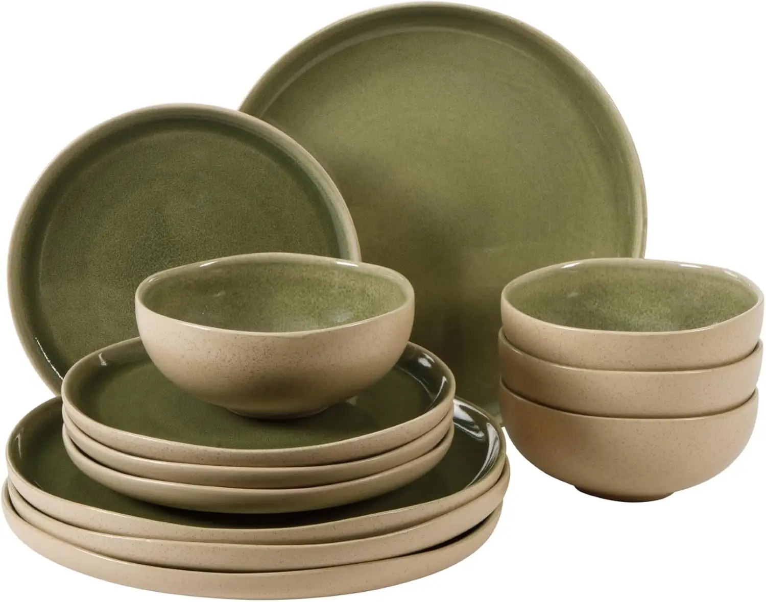 12-Piece Stoneware Dinnerware Set for 4, Reactive Glaze Artisan Plates, Bowls & Mugs, Green Round Design
12-Piece Stoneware Dinnerware Set for 4, Reactive Glaze Artisan Plates, Bowls & Mugs, Green Round Design