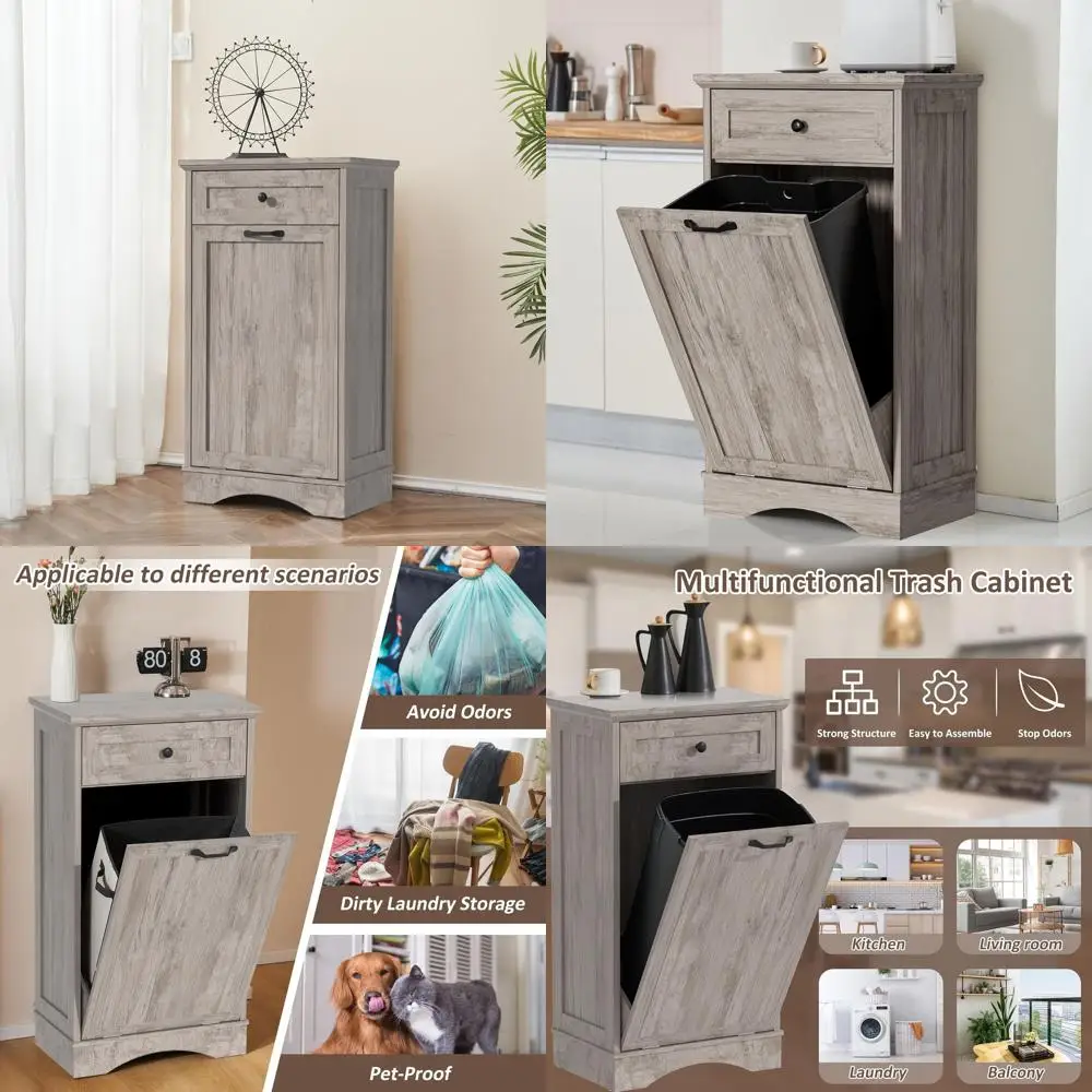 Grey Wooden Kitchen Trash Bin Cabinet with Hidden Recycling and Pet Proof Trash Can Holder
Grey Wooden Kitchen Trash Bin Cabinet with Hidden Recycling and Pet Proof Trash Can Holder