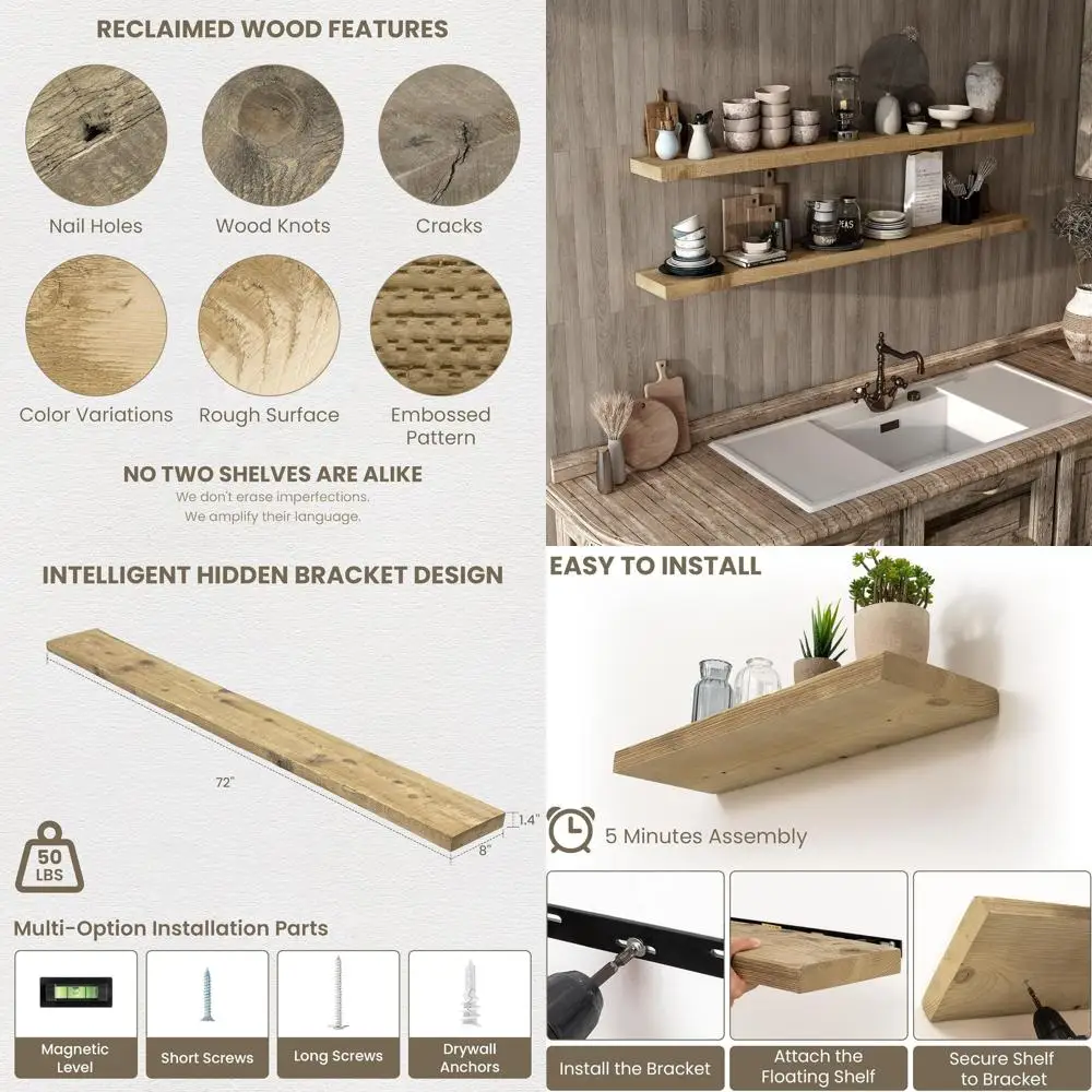 72 Long Reclaimed Wood Floating Shelves, Rustic Heavy-Duty Wall Mount, 8 Deep for Living Spaces, Natural Finish
72 Long Reclaimed Wood Floating Shelves, Rustic Heavy-Duty Wall Mount, 8 Deep for Living Spaces, Natural Finish