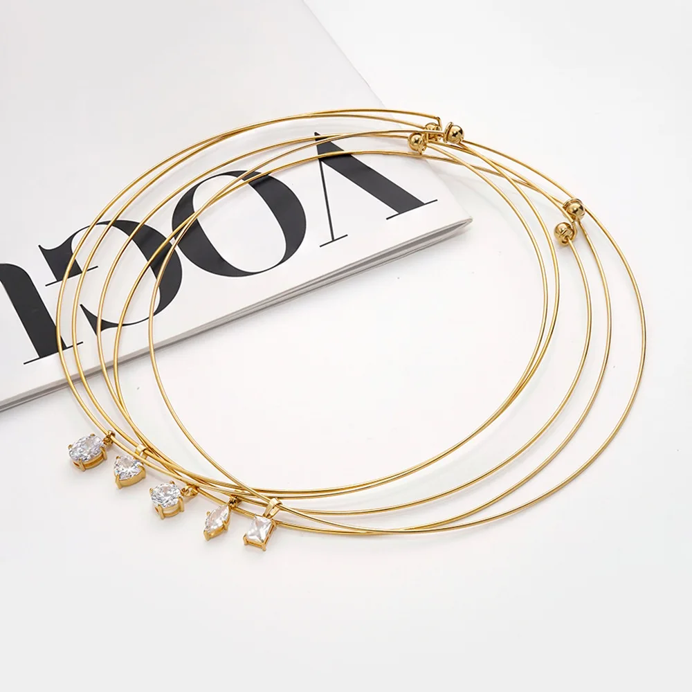 18K Gold Plated Titanium Steel Choker Necklace, Delicate Thin Wire Design With Shiny Zircon Pendant, Fashion Minimalist Jewelry
18K Gold Plated Titanium Steel Choker Necklace, Delicate Thin Wire Design With Shiny Zircon Pendant, Fashion Minimalist Jewelry