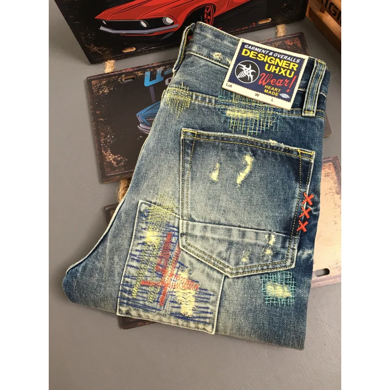 Heavy duty ripped patch jeans for men in autumn, loose straight leg splicing, American style retro and cool, vintage long pants
Heavy duty ripped patch jeans for men in autumn, loose straight leg splicing, American style retro and cool, vintage long pants