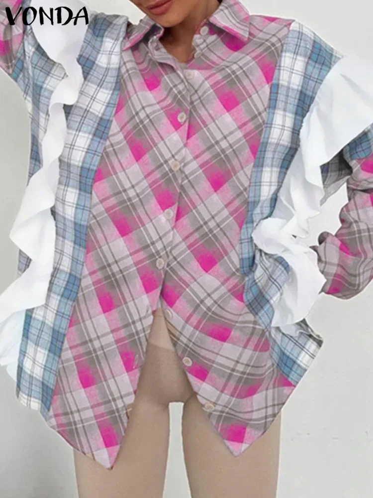 VONDA женские модные рубашки с длинными рукавами, топы с рюшами, осенние клетчатые рубашки с воротником с лацканами, лоскутные Blusas Femininas, большие размеры 5XL
VONDA женские модные рубашки с длинными рукавами, топы с рюшами, осенние клетчатые рубашки с воротником с лацканами, лоскутные Blusas Femininas, большие размеры 5XL