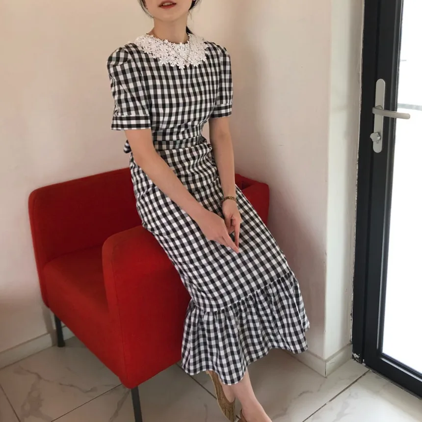 Retro Sweet Lace Hook Flower Neck Slim Fit Plaid Dress Korean Style Women's Clothing Spring Autumn Winter Seasonal Fashion
Retro Sweet Lace Hook Flower Neck Slim Fit Plaid Dress Korean Style Women's Clothing Spring Autumn Winter Seasonal Fashion