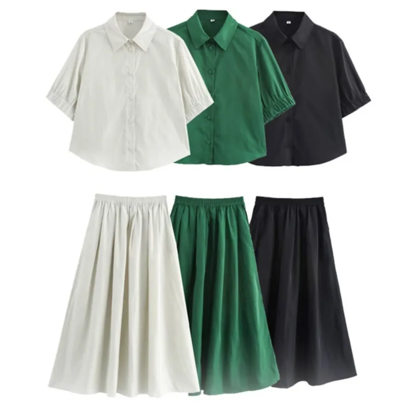 Lapel Short Sleeve Shirts And Pleated Long Skirts Women Set 2025 New Solid Color Simple T-shirt Casual Elegant Women Outfits
Lapel Short Sleeve Shirts And Pleated Long Skirts Women Set 2025 New Solid Color Simple T-shirt Casual Elegant Women Outfits