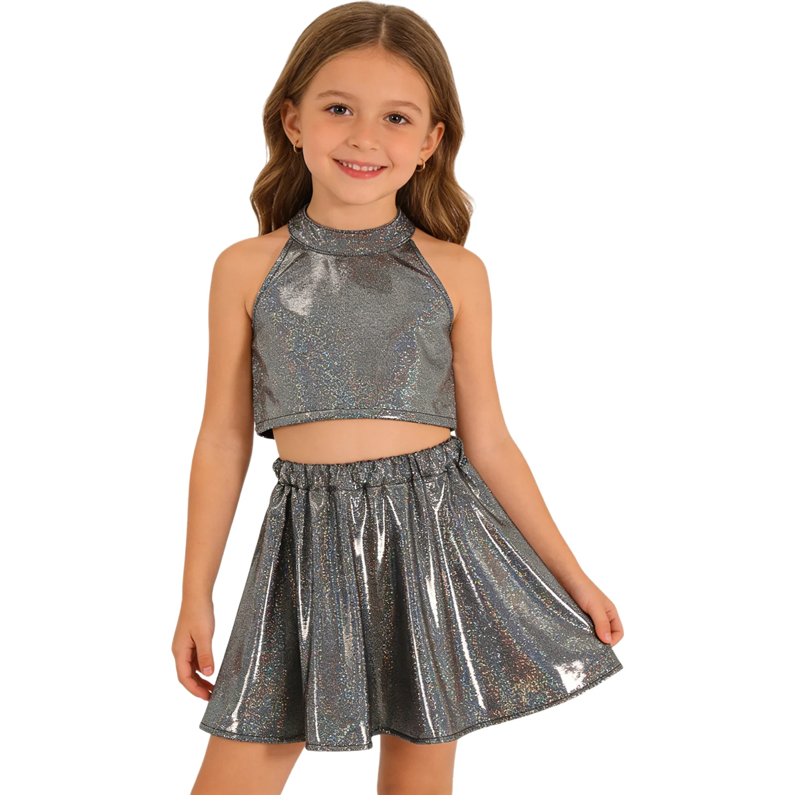 Kids Girls Rhythmic Cheerleading Dance Performance Costume Metallic Sleeveless Vest Skirt Jazz Hip Hop Modern Dance Stage Outfit
Kids Girls Rhythmic Cheerleading Dance Performance Costume Metallic Sleeveless Vest Skirt Jazz Hip Hop Modern Dance Stage Outfit