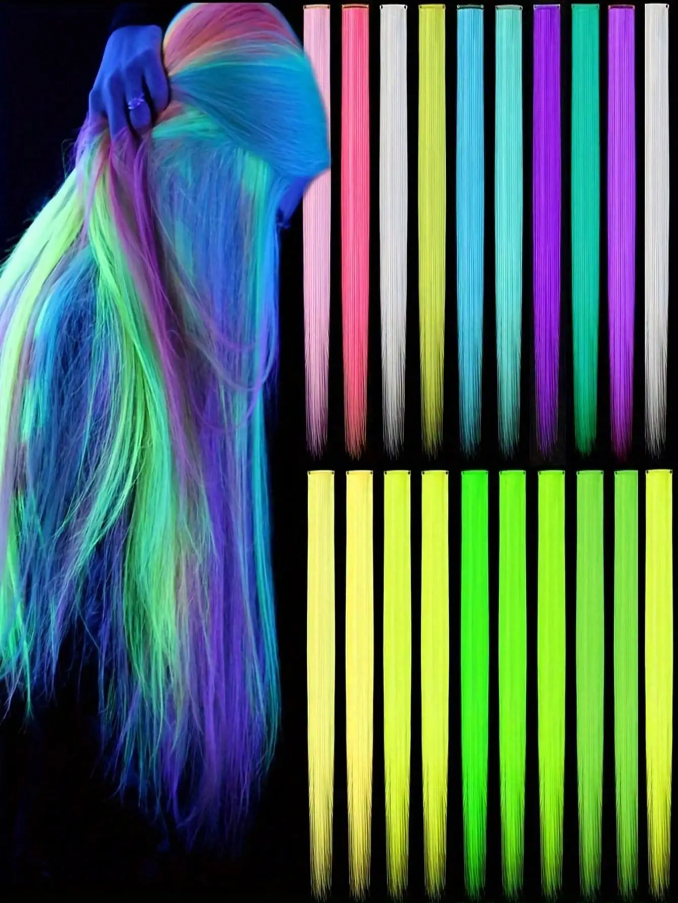 10pcs Luminous Clip In Synthetic Hair Extensions 20 Inch Mixed Colored Fluorescent Glow In The Dark Neon Hairpieces 2028
10pcs Luminous Clip In Synthetic Hair Extensions 20 Inch Mixed Colored Fluorescent Glow In The Dark Neon Hairpieces 2028