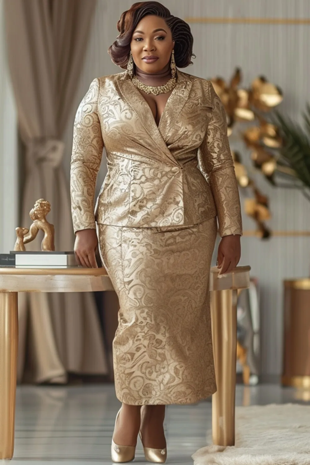 Plus Size Formal Champagne Lapel Collar Long Sleeve Pocket Split Jacquard Two Piece Skirt Sets
Plus Size Formal Champagne Lapel Collar Long Sleeve Pocket Split Jacquard Two Piece Skirt Sets