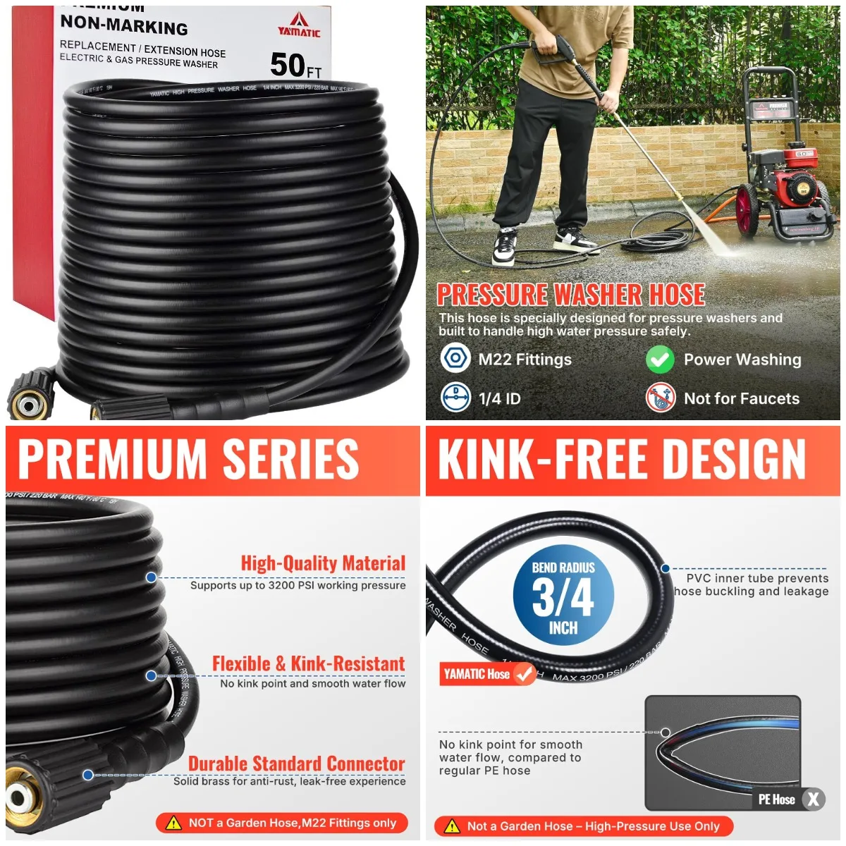 50FT 1/4' ID Pressure Washer Hose, M22 Brass Fittings, 3200 PSI Kink-Resistant for Ryobi, Troy Bilt, Greenworks
50FT 1/4' ID Pressure Washer Hose, M22 Brass Fittings, 3200 PSI Kink-Resistant for Ryobi, Troy Bilt, Greenworks