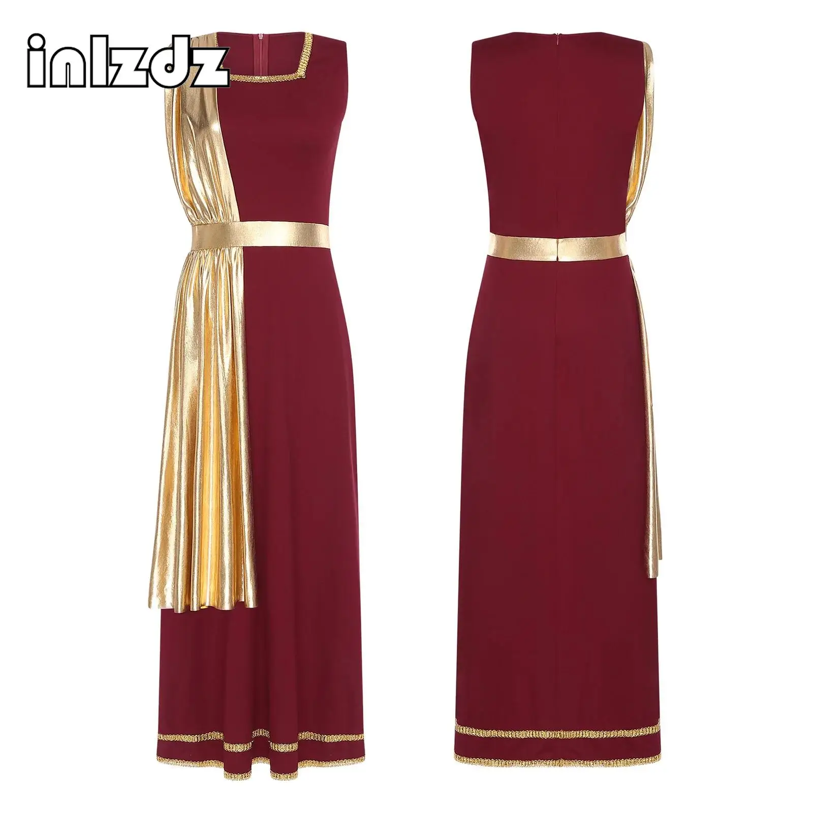 Womens Ancient Greek Roman Tunic Dress Square Neck Sleeveless Gold Trim Metallic Shiny Drape Robe Toga for Halloween Cosplay
Womens Ancient Greek Roman Tunic Dress Square Neck Sleeveless Gold Trim Metallic Shiny Drape Robe Toga for Halloween Cosplay
