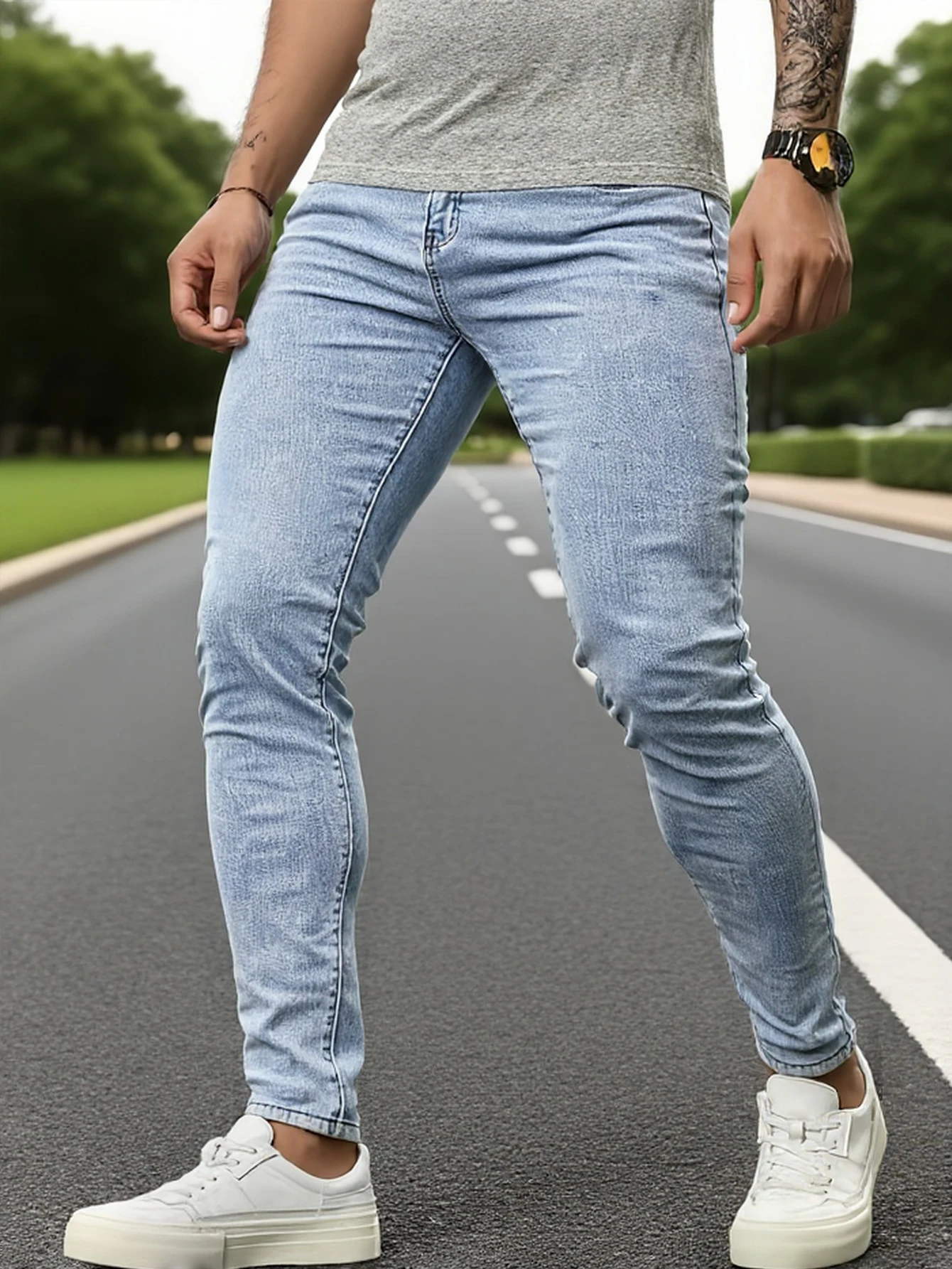 Мужские светло-голубые облегающие джинсы, собранные на заказ, простые и универсальные, легко создают свежий и аккуратный casu. 
Мужские светло-голубые облегающие джинсы, собранные на заказ, простые и универсальные, легко создают свежий и аккуратный casu.