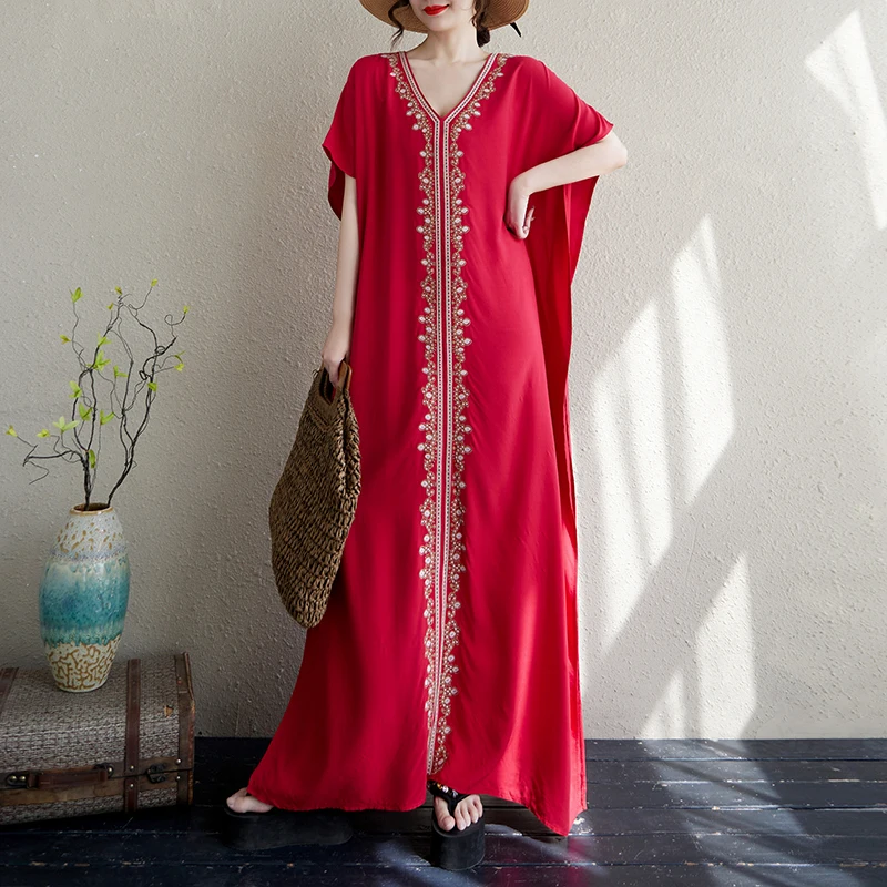 Summer New Vintage Embroidered Elegant Dresses Women's V-Neck Loose Bat Sleeves Long Dress Bohemian Holiday Dress
Summer New Vintage Embroidered Elegant Dresses Women's V-Neck Loose Bat Sleeves Long Dress Bohemian Holiday Dress