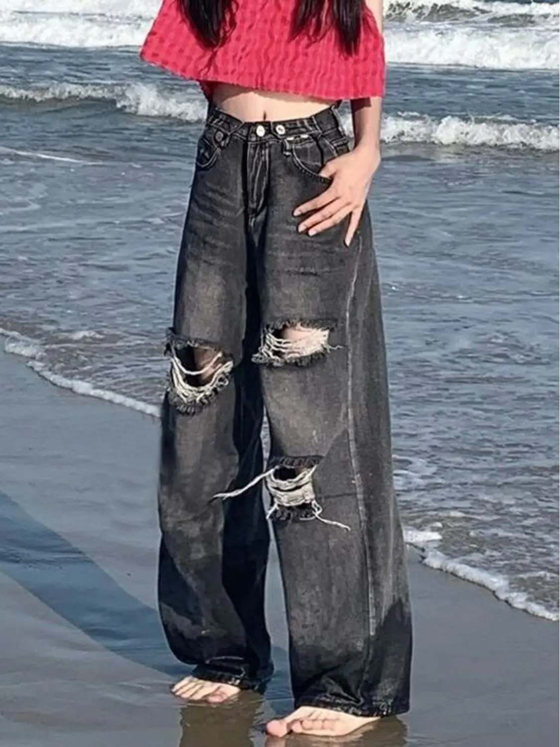 Women's High Waist Distressed Wide Leg Jeans Black Gray Wash Ripped Denim Pants Double Button Casual Loose Jeans
Women's High Waist Distressed Wide Leg Jeans Black Gray Wash Ripped Denim Pants Double Button Casual Loose Jeans