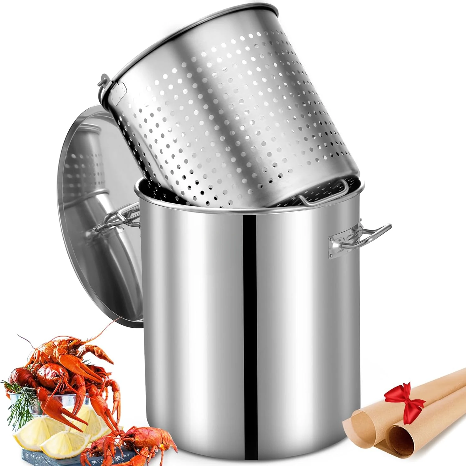 64-квартный горшок для морепродуктов из нержавеющей стали с корзиной и двумя коричневыми бумагами, для ползания, краба, лобстера
64-квартный горшок для морепродуктов из нержавеющей стали с корзиной и двумя коричневыми бумагами, для ползания, краба, лобстера