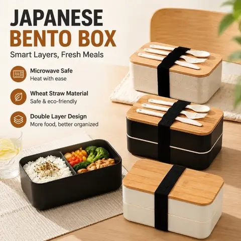 Boîte à bento japonaise avec couvercle en bambou, compatible micro-ondes, boîte à lunch double couche en paille de blé pour étudiants et adultes, portable