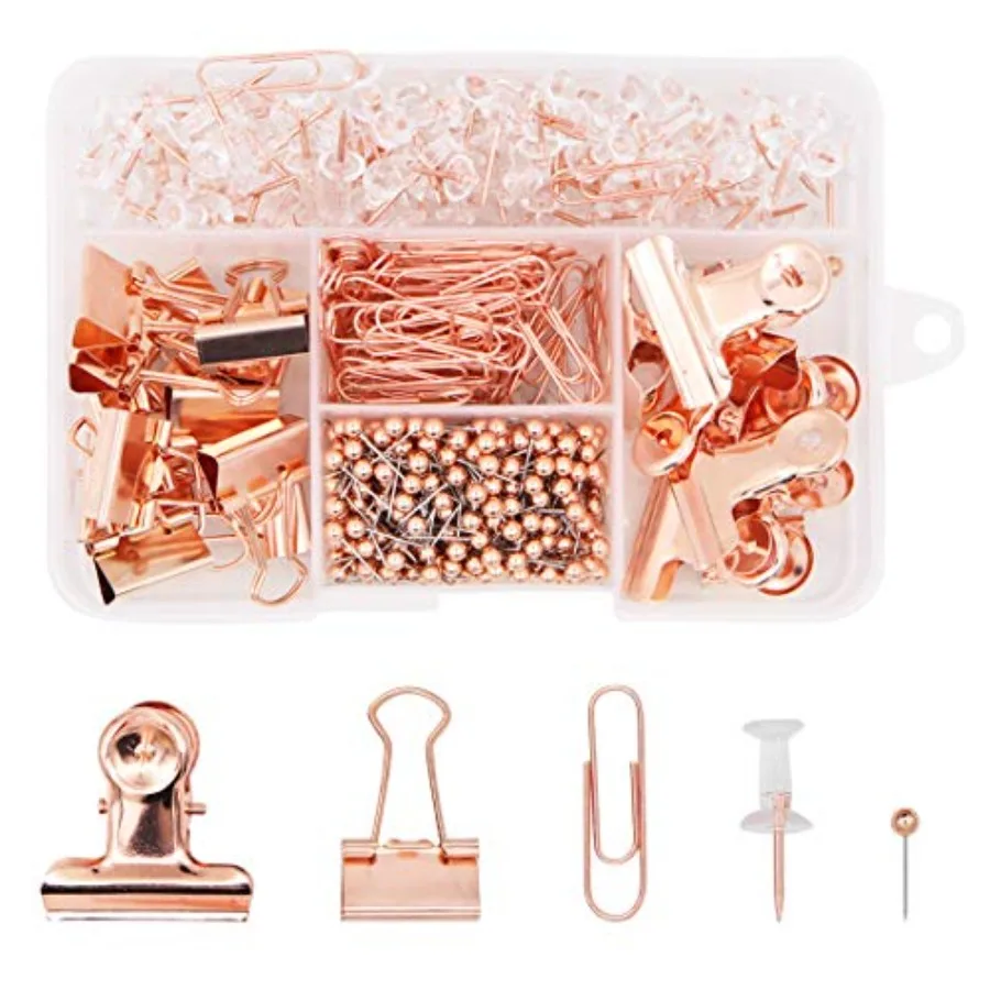 500PCS Office Stationery Set, Rose Gold Paper Clips Binder Clips Push Pins Round Head Pins 5 in 1 Box for Home School Office Su
500PCS Office Stationery Set, Rose Gold Paper Clips Binder Clips Push Pins Round Head Pins 5 in 1 Box for Home School Office Su