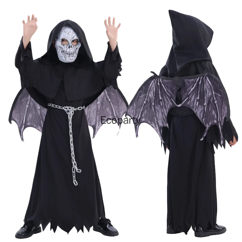 Kids Halloween Grim Reaper Costume Black Demon Ghost Vampire Cosplay Robe with Wings Chain Mask Set Children Masquerade Clothes
Kids Halloween Grim Reaper Costume Black Demon Ghost Vampire Cosplay Robe with Wings Chain Mask Set Children Masquerade Clothes