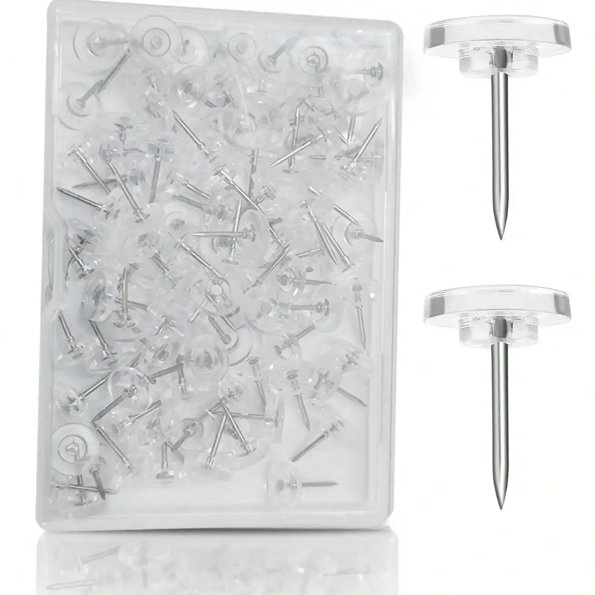 Boxed transparent thumbtacks, flat head push pins, cork board I-shaped nails, office, study, handicraft, DIY decoration nails.
Boxed transparent thumbtacks, flat head push pins, cork board I-shaped nails, office, study, handicraft, DIY decoration nails.
