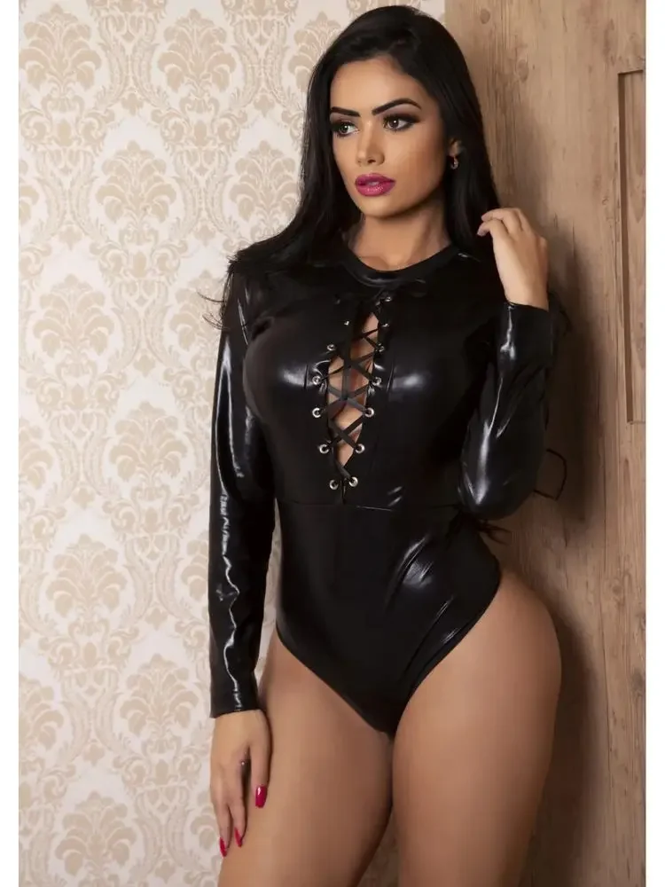 Lace Up Bandage Backless Shiny PU Leather Catsuit Tights High Cut Open Crotch Bodysuit Sexy Clubwear Body Tops Lingerie Teddies
Lace Up Bandage Backless Shiny PU Leather Catsuit Tights High Cut Open Crotch Bodysuit Sexy Clubwear Body Tops Lingerie Teddies