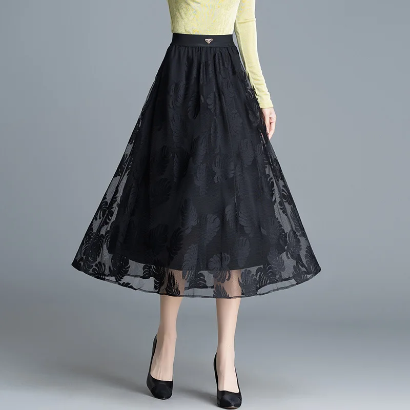 Spring Summer New High Waist Mesh Jacquard A-line Black Skirt Women Elegant Chic Casual Loose Korean Style Long Skirts Lady 2412
Spring Summer New High Waist Mesh Jacquard A-line Black Skirt Women Elegant Chic Casual Loose Korean Style Long Skirts Lady 2412