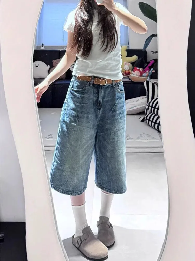 Loose High Waist Blue Denim Jeans Women's Summer Wide Leg Straight Cut Ripped Knee Length Pants Vintage American Sle
Loose High Waist Blue Denim Jeans Women's Summer Wide Leg Straight Cut Ripped Knee Length Pants Vintage American Sle
