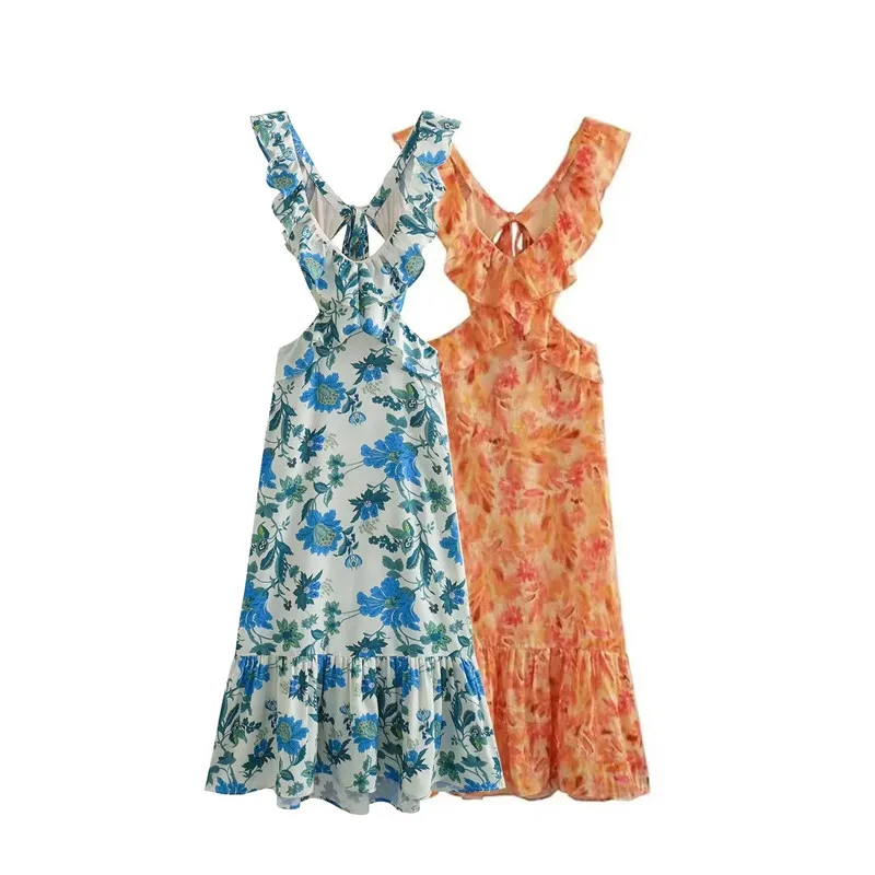 Summer New Women's Dress Sexy V-neck Slim Fit Backless Midi Dress Elegant Floral Hollow Out Lace Up Ruffles Holiday Dress Boho
Summer New Women's Dress Sexy V-neck Slim Fit Backless Midi Dress Elegant Floral Hollow Out Lace Up Ruffles Holiday Dress Boho