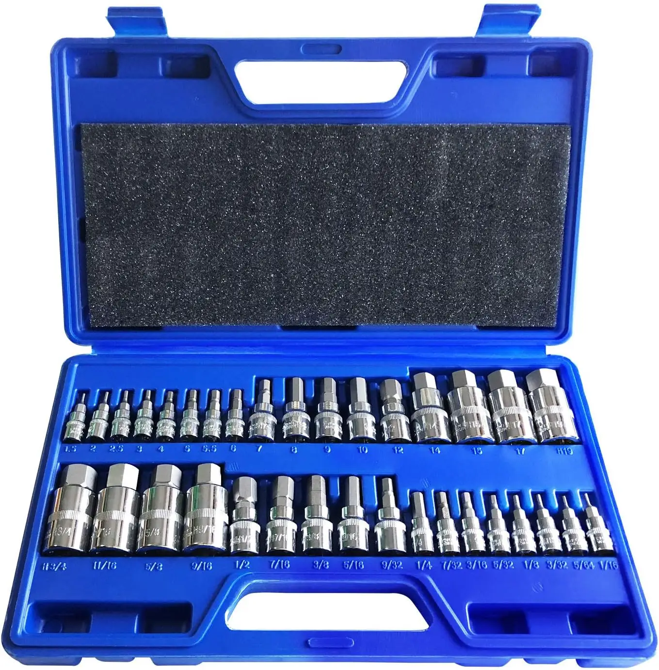 34-Piece Hex Bit Socket Set, 1/4, 3/8, 1/2 Drive, SAE & Metric Allen Wrench Kit
34-Piece Hex Bit Socket Set, 1/4, 3/8, 1/2 Drive, SAE & Metric Allen Wrench Kit