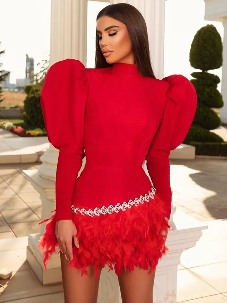 Women Christmas New Year Party Dress Elastic Bandage Long Sleeve Half High Collar Diamonds Feathers Bodycon Mini Evening Gowns
Women Christmas New Year Party Dress Elastic Bandage Long Sleeve Half High Collar Diamonds Feathers Bodycon Mini Evening Gowns
