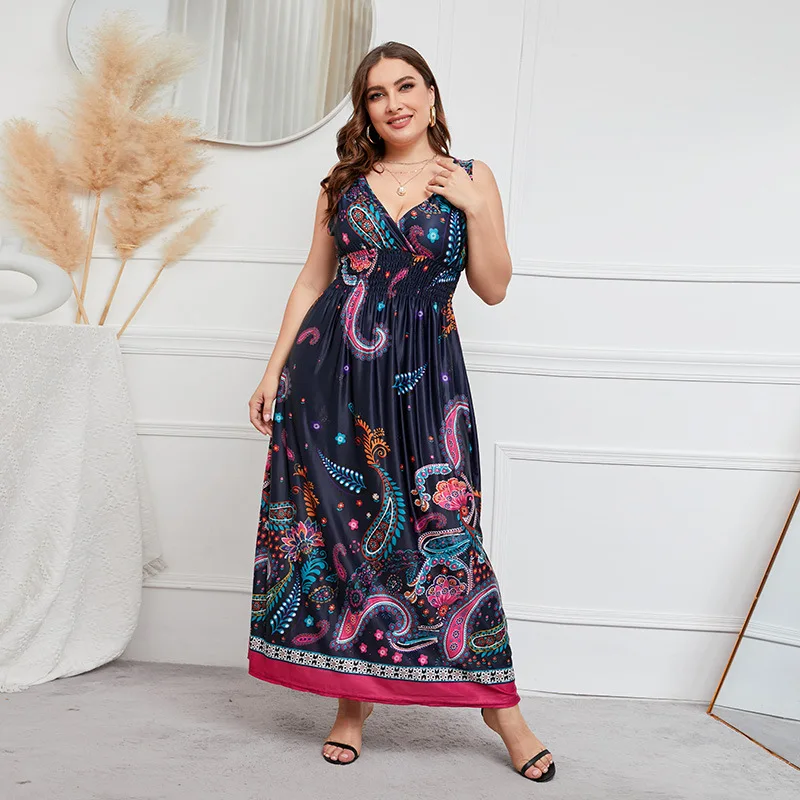 Large size women's dress deep V-neck elastic waist waist thin long dress fashionable simple temperament elegant vacation style h
Large size women's dress deep V-neck elastic waist waist thin long dress fashionable simple temperament elegant vacation style h