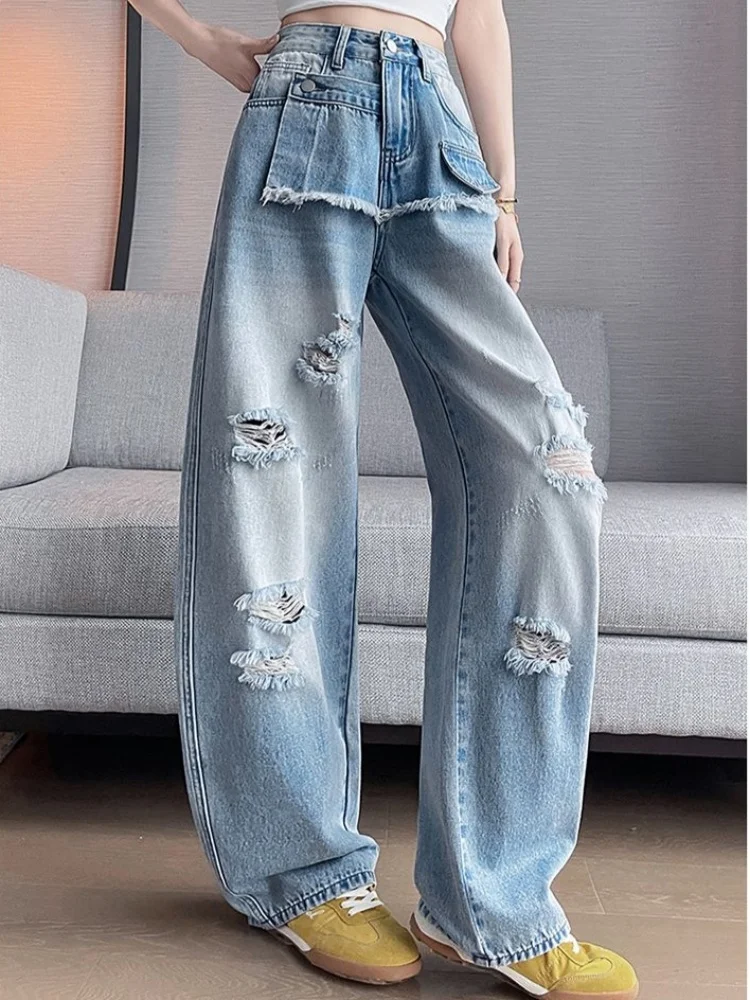 American Style Street Fake Two-Piece Ripped Jeans New Summer High Waisted Loose Straight Leg Pants
American Style Street Fake Two-Piece Ripped Jeans New Summer High Waisted Loose Straight Leg Pants