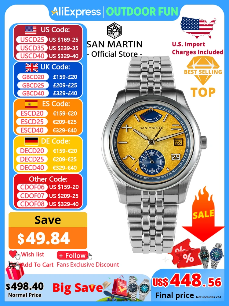 San Martin 39mm Miyota 9132 Power Reserve Display Men Luxury Sport Watch Automatic Mechanical Waterproof Original Design SN0144
San Martin 39mm Miyota 9132 Power Reserve Display Men Luxury Sport Watch Automatic Mechanical Waterproof Original Design SN0144