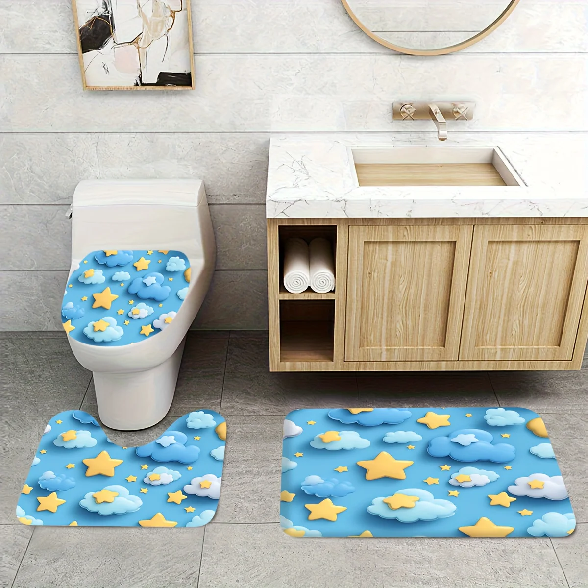 Whimsical Cloud Star Theme Bath Mat Set for Nursery Kids Bathroom Decor Cute Toilet Rug Floor Mats Home Accessories
Whimsical Cloud Star Theme Bath Mat Set for Nursery Kids Bathroom Decor Cute Toilet Rug Floor Mats Home Accessories