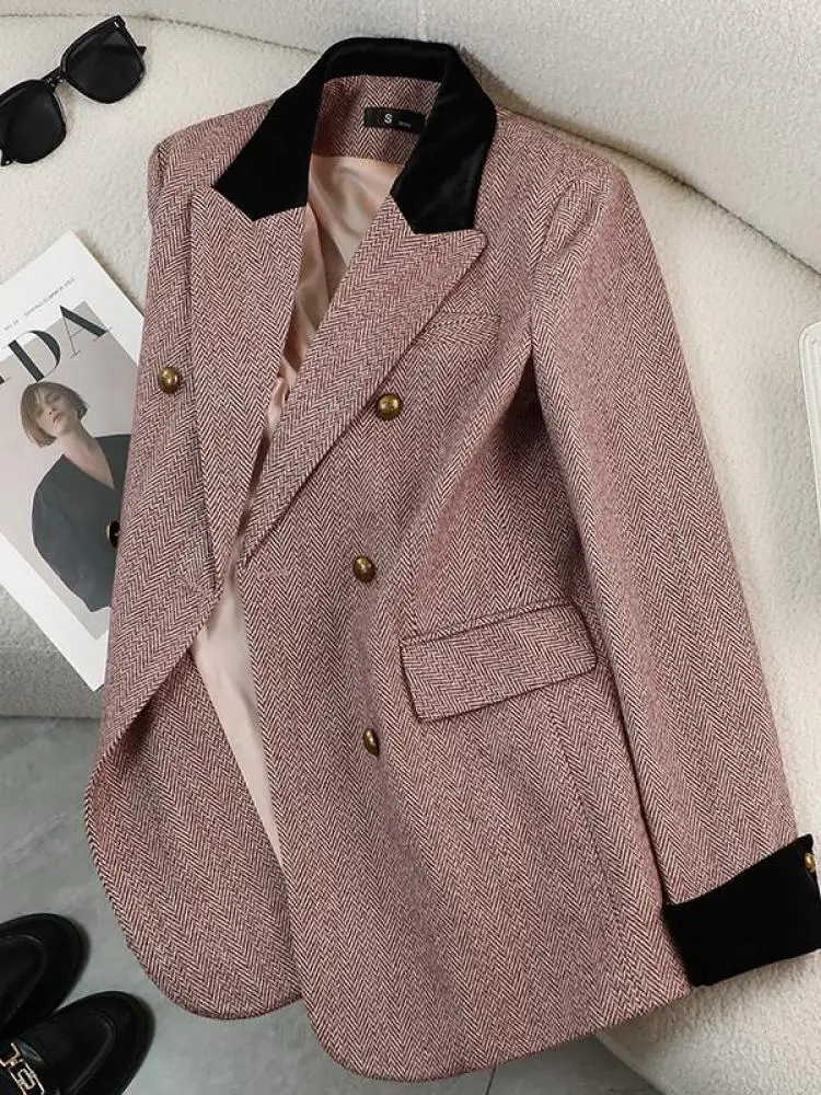 Vintage Women Autumn Winter Pink Patchwork Blazer Jacket Khaki Double Breaste Office Ladies Long Sleeve Tops Coat Clothing New
Vintage Women Autumn Winter Pink Patchwork Blazer Jacket Khaki Double Breaste Office Ladies Long Sleeve Tops Coat Clothing New