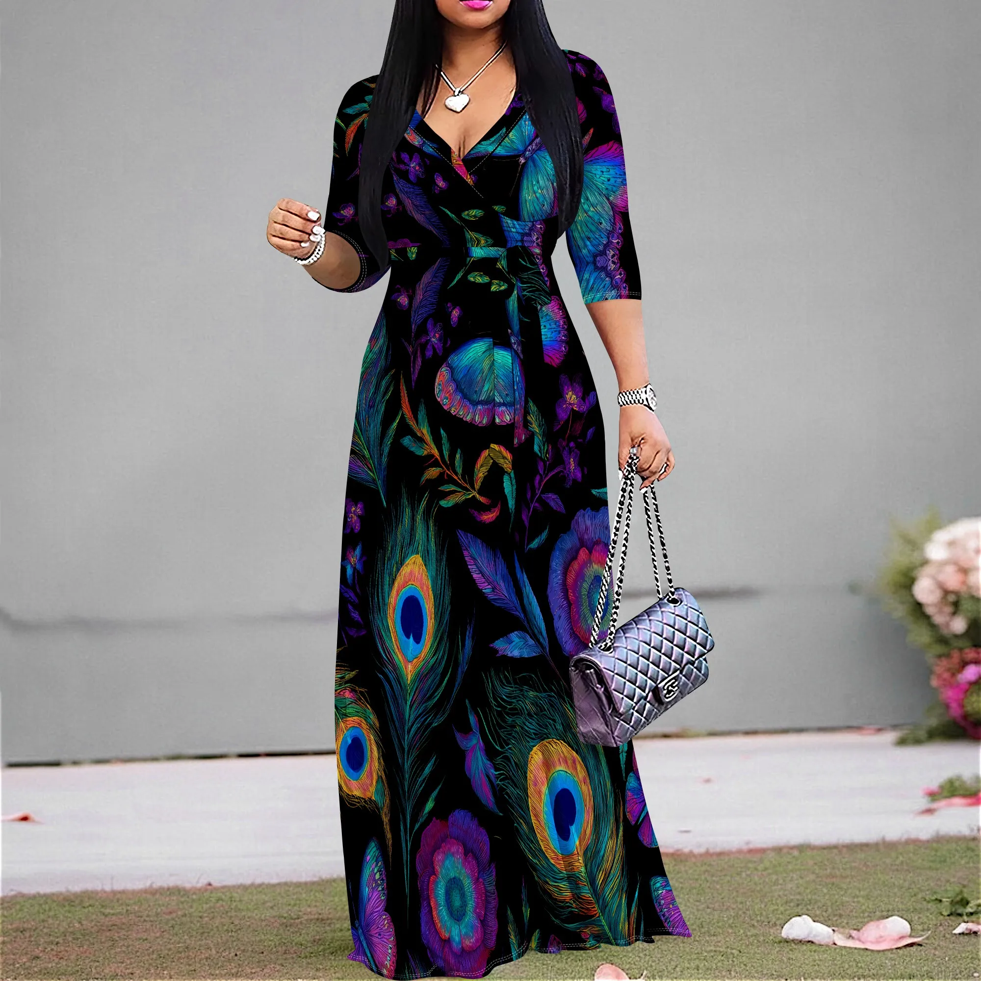 Women's Boho Peacock Floral Print V-Neck Maxi Dress Elegant High Waist Swing A-Line Party Dress for Spring and Summer Vacation
Women's Boho Peacock Floral Print V-Neck Maxi Dress Elegant High Waist Swing A-Line Party Dress for Spring and Summer Vacation