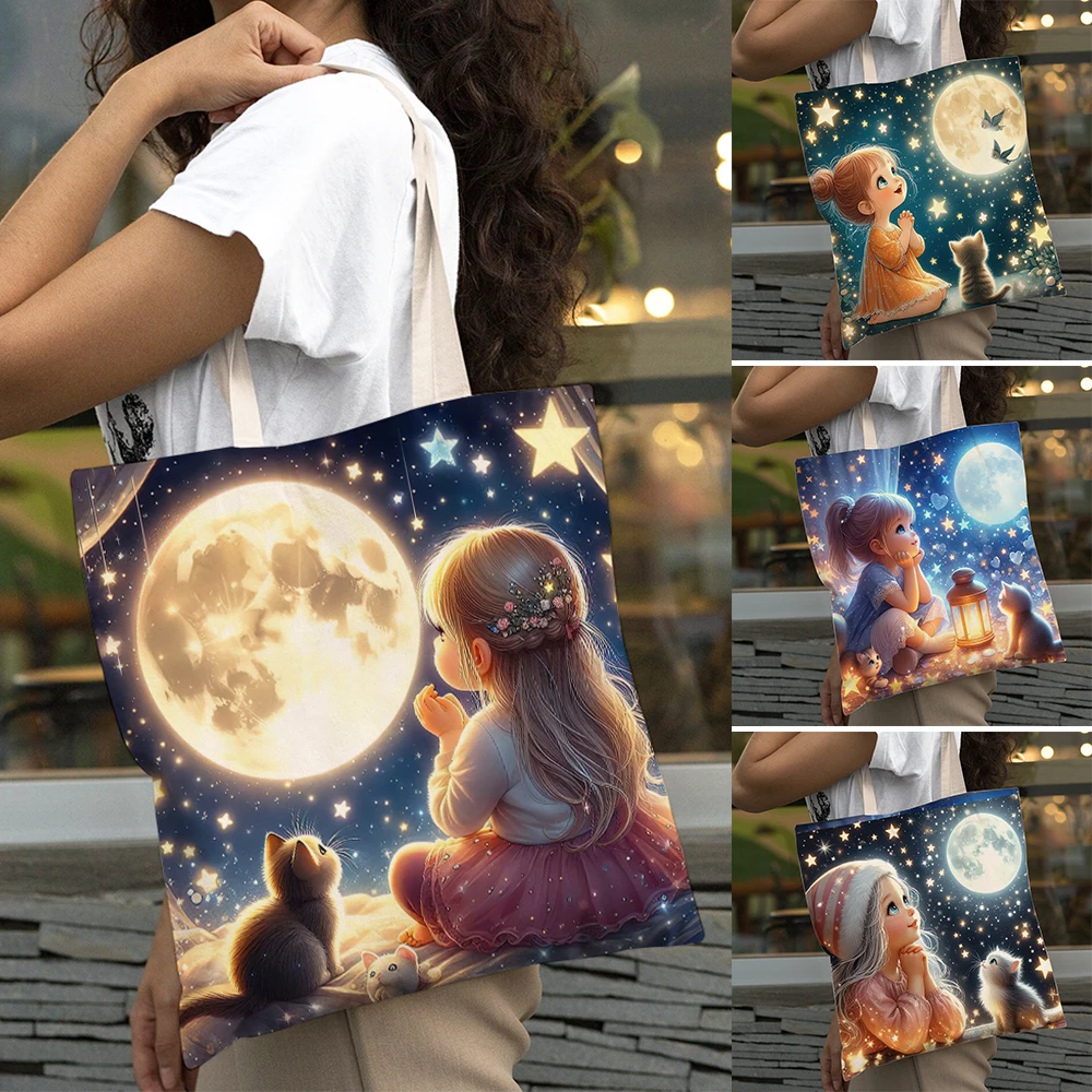 Casual Cartoon Moon and Pet Cat Girl Big Capacity Shopping Bag Eco Women Shopper Bags Double Print Lady Tote Shoulder Handbag
Casual Cartoon Moon and Pet Cat Girl Big Capacity Shopping Bag Eco Women Shopper Bags Double Print Lady Tote Shoulder Handbag