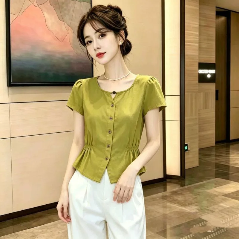 Casual round Neck Short Sleeve Shirt Women's Summer New Waist Slimming Versatile Fashionable Small Size Top Trendy
Casual round Neck Short Sleeve Shirt Women's Summer New Waist Slimming Versatile Fashionable Small Size Top Trendy