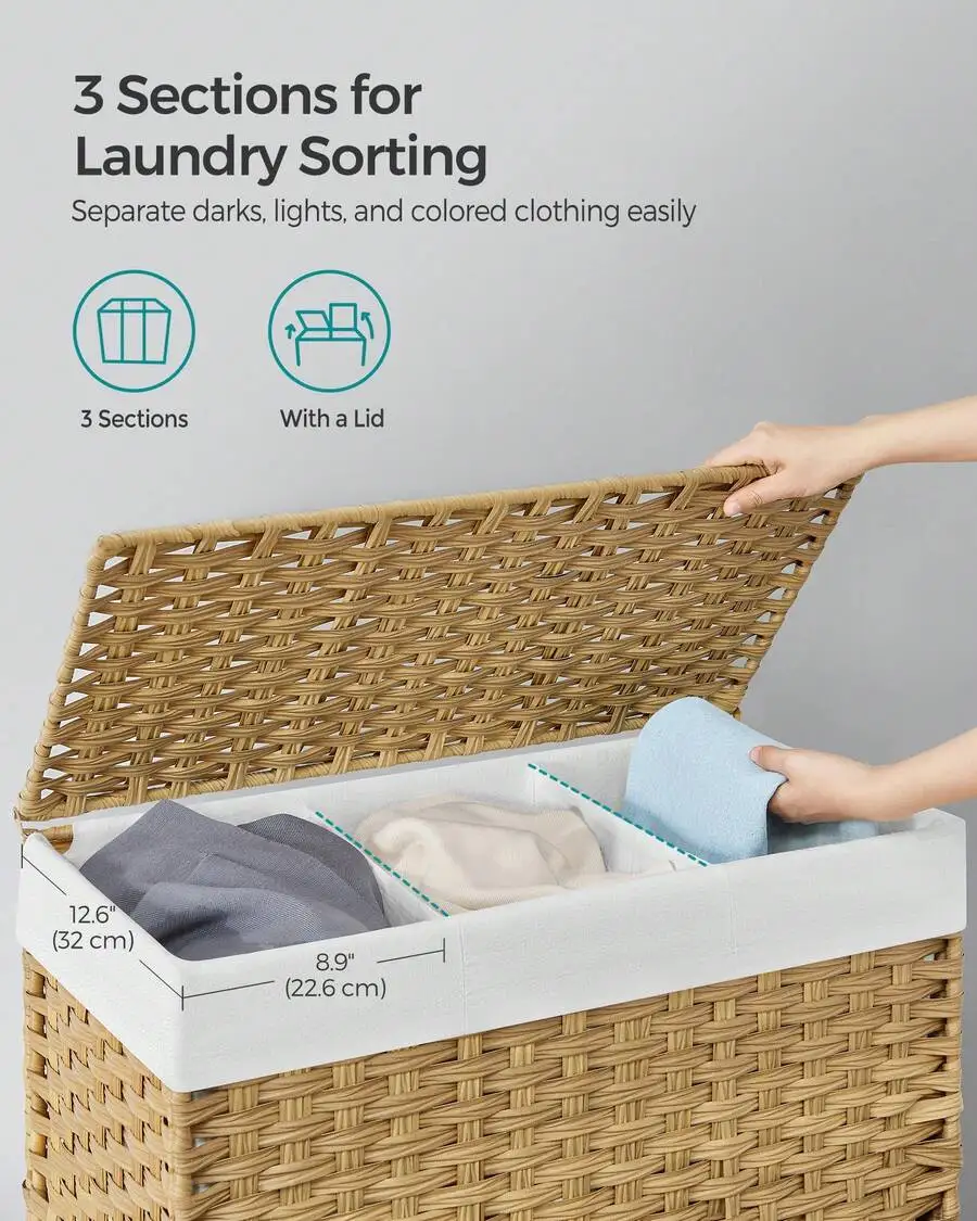 SONGMICS 42.3 Gallon Rolling Laundry Basket With Lid, 3-Section Synthetic Rattan Laundry Hamper With Removable Liner,
SONGMICS 42.3 Gallon Rolling Laundry Basket With Lid, 3-Section Synthetic Rattan Laundry Hamper With Removable Liner,
