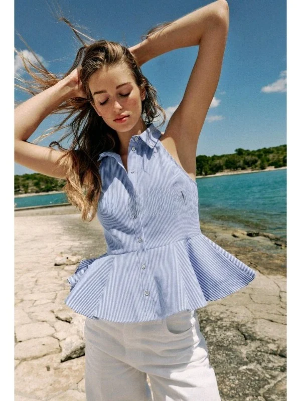 Summer Women's Shirt Single Button Sleeveless A-Line Hem Neck Hanging Design Polyester Fiber Casual Business Style
Summer Women's Shirt Single Button Sleeveless A-Line Hem Neck Hanging Design Polyester Fiber Casual Business Style