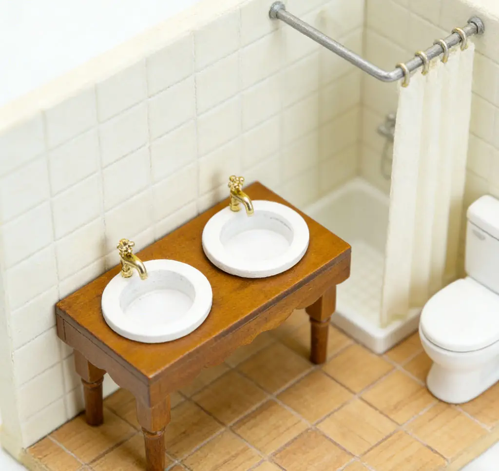 1:12 Dollhouse Mini Bathroom Double Sink Vanity - Wooden with Gold Faucets, Tiny Restroom Scene Furniture Model Accessory
1:12 Dollhouse Mini Bathroom Double Sink Vanity - Wooden with Gold Faucets, Tiny Restroom Scene Furniture Model Accessory