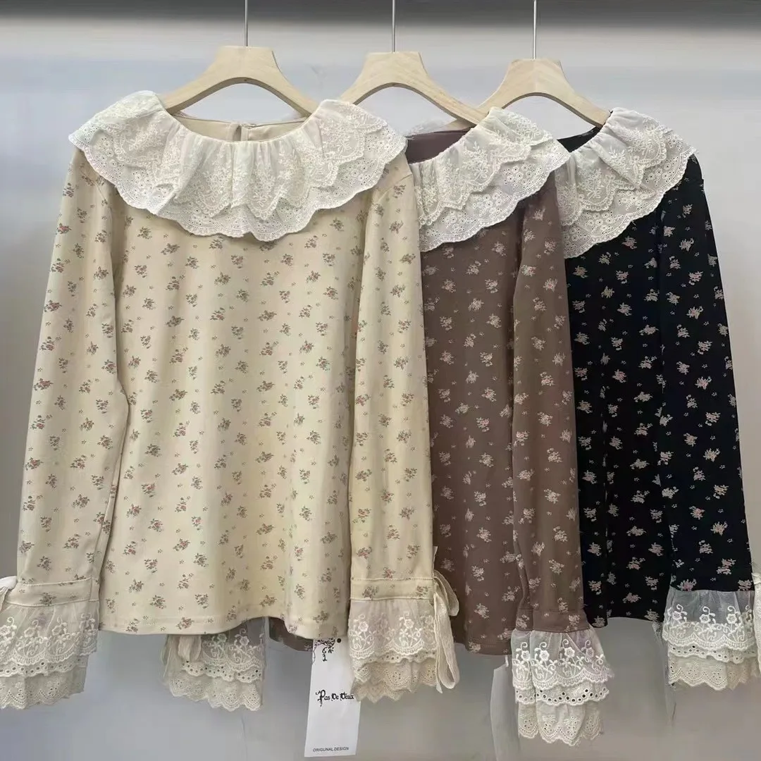 Японская одежда Mori Kei, винтажные кружевные лоскутные хлопковые футболки с цветочным принтом, женские футболки в стиле Харадзюку с рюшами и воротником с длинными рукавами
Японская одежда Mori Kei, винтажные кружевные лоскутные хлопковые футболки с цветочным принтом, женские футболки в стиле Харадзюку с рюшами и воротником с длинными рукавами